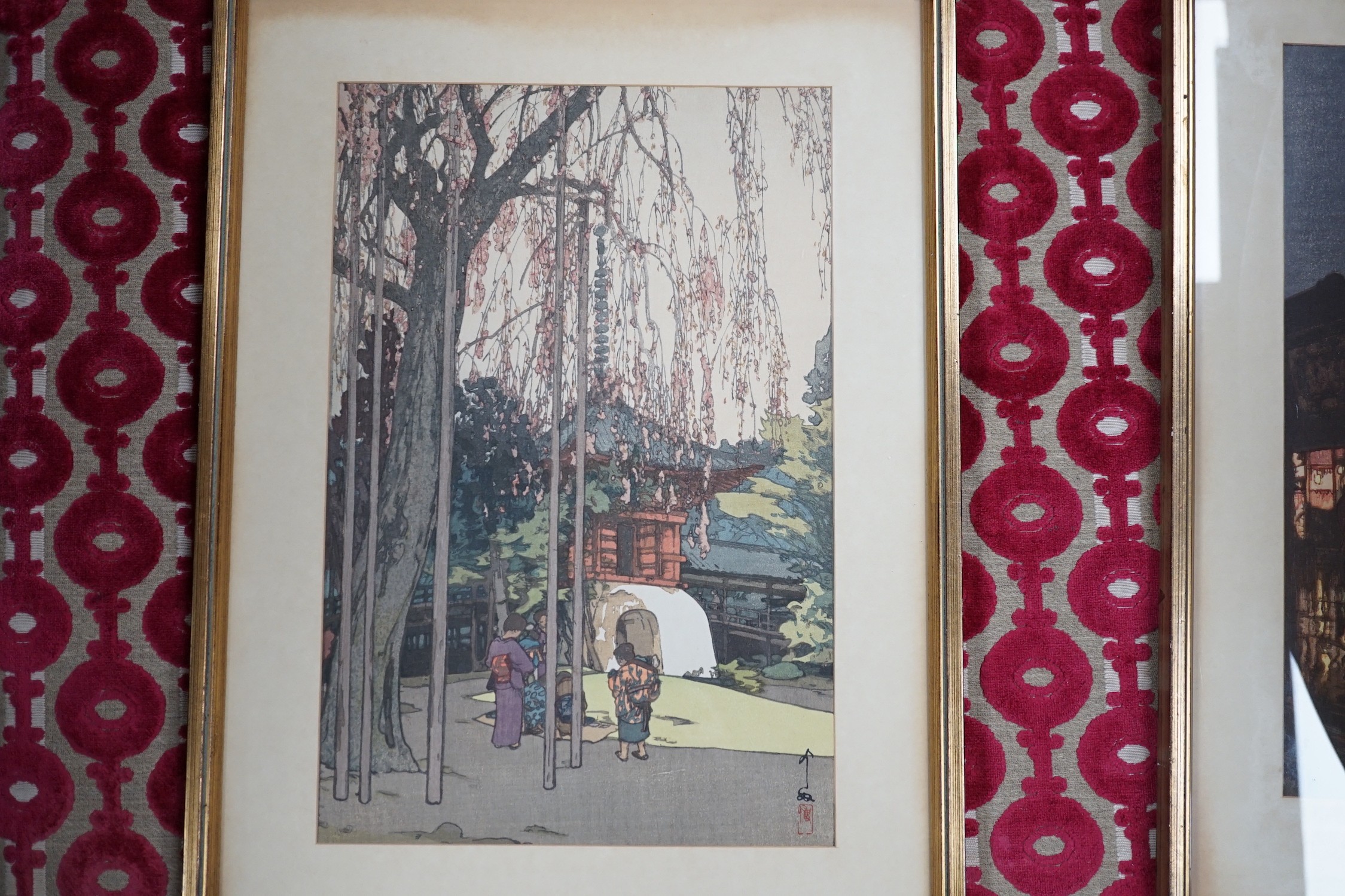 Yoshida Hiroshi (1876-1950), two Japanese woodblock prints, 'The Cherry Tree in Kawagoe, 1935', and 'Kagurazaka Street after a Night Rain, 1929', 37 x 24cm